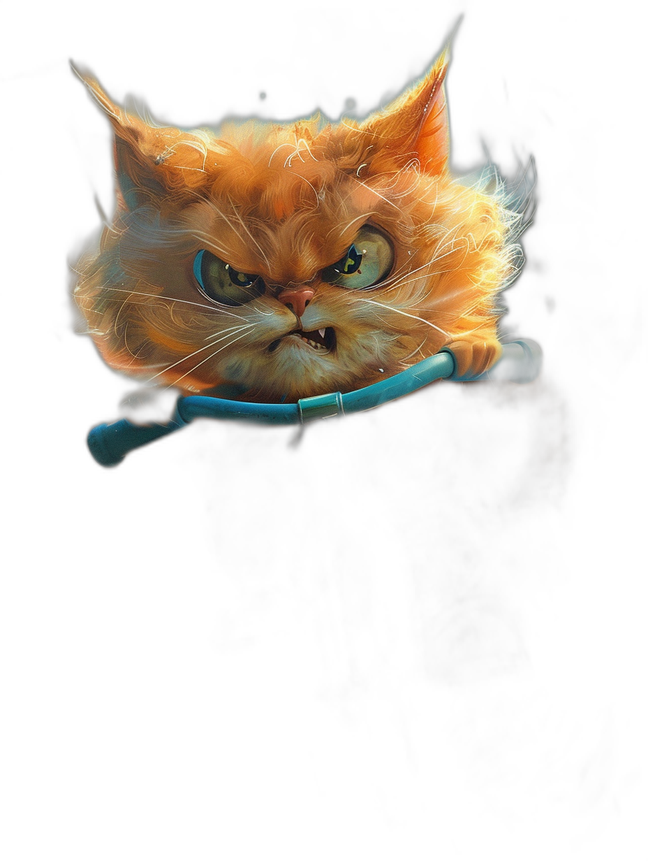 illustration of an angry orange cat with a blue collar on a dark background in the style of fantasy digital art