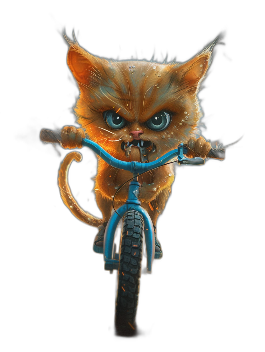 A cute orange cat with blue eyes riding on the front of a bicycle, shown from the front view, against a black background, in the style of fantasy art.