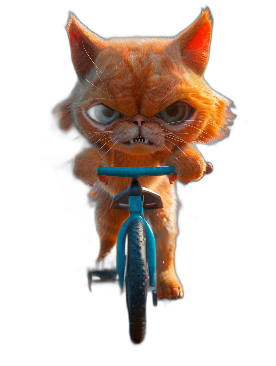 3D render of a cute orange cat riding a blue bike, with an angry facial expression, on a black background, with studio lighting, created in the style of blender, using Unreal Engine v4.