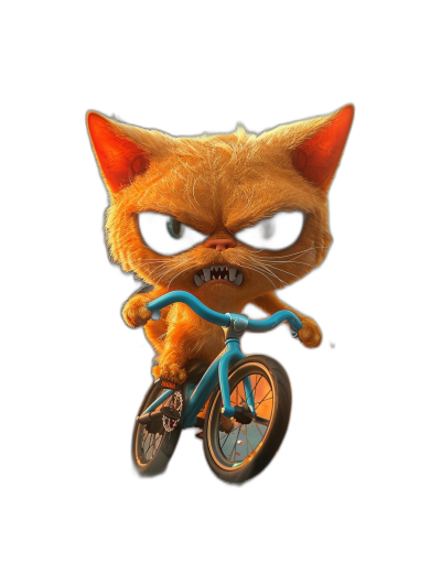 grumpy orange cat riding a blue bicycle against a black background, in the style of Pixar style cartoon