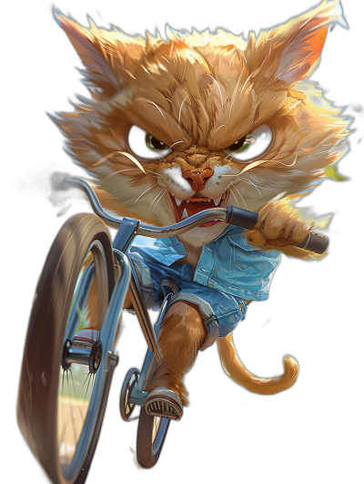 An angry cat riding on a bike, wearing a blue shirt and jean shorts, in the style of [Tiago Hoisel](https://goo.gl/search?artist%20Tiago%20Hoisel), in a caricature-like, playful style, on a black background, at a high resolution.