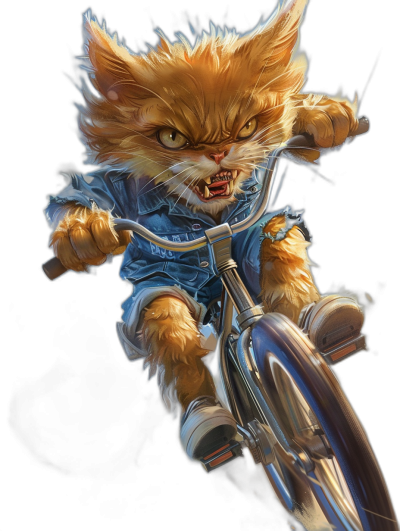 high resolution illustration of an angry cat riding on the back of his bike wearing blue jeans and white sneakers, black background, fantasy style, detailed, character design, concept art in the style of [James Gurney](https://goo.gl/search?artist%20James%20Gurney), full body portrait, head to toe, cover artwork, high detail, high contrast, hyper realistic, octane render, studio lighting