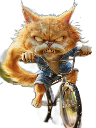 a funny cat in blue jeans riding an old bicycle, the fur is orange and white with long hair on his head, sharp teeth visible, angry face, black background, hyper realistic photo