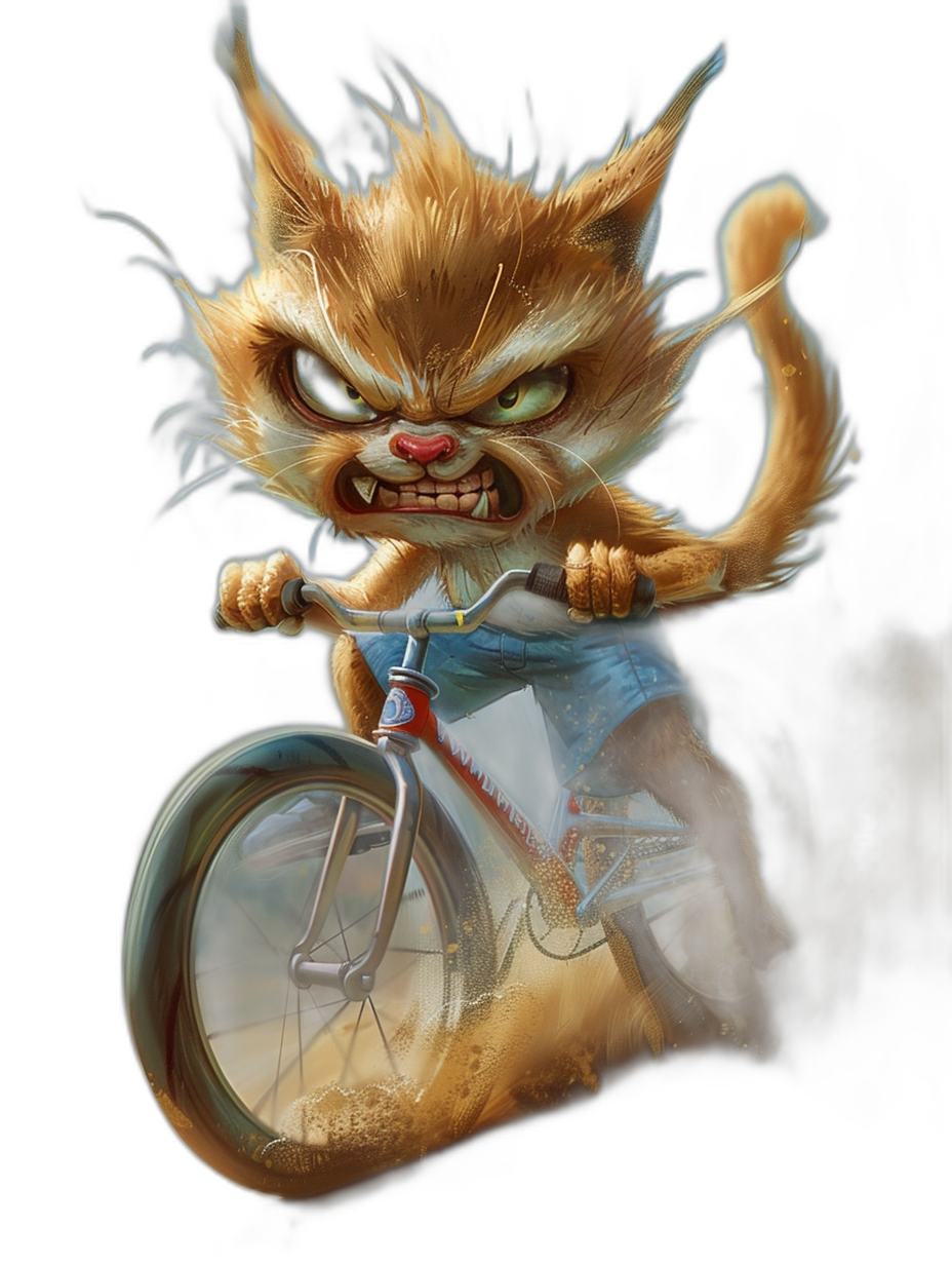 A realistic and very detailed painting of an angry orange cat wearing a blue jersey riding a bicycle, made in the style of a digital artist with a black background, full body visible to the edge of the frame, style raw and stylized highly, 2D game art style.