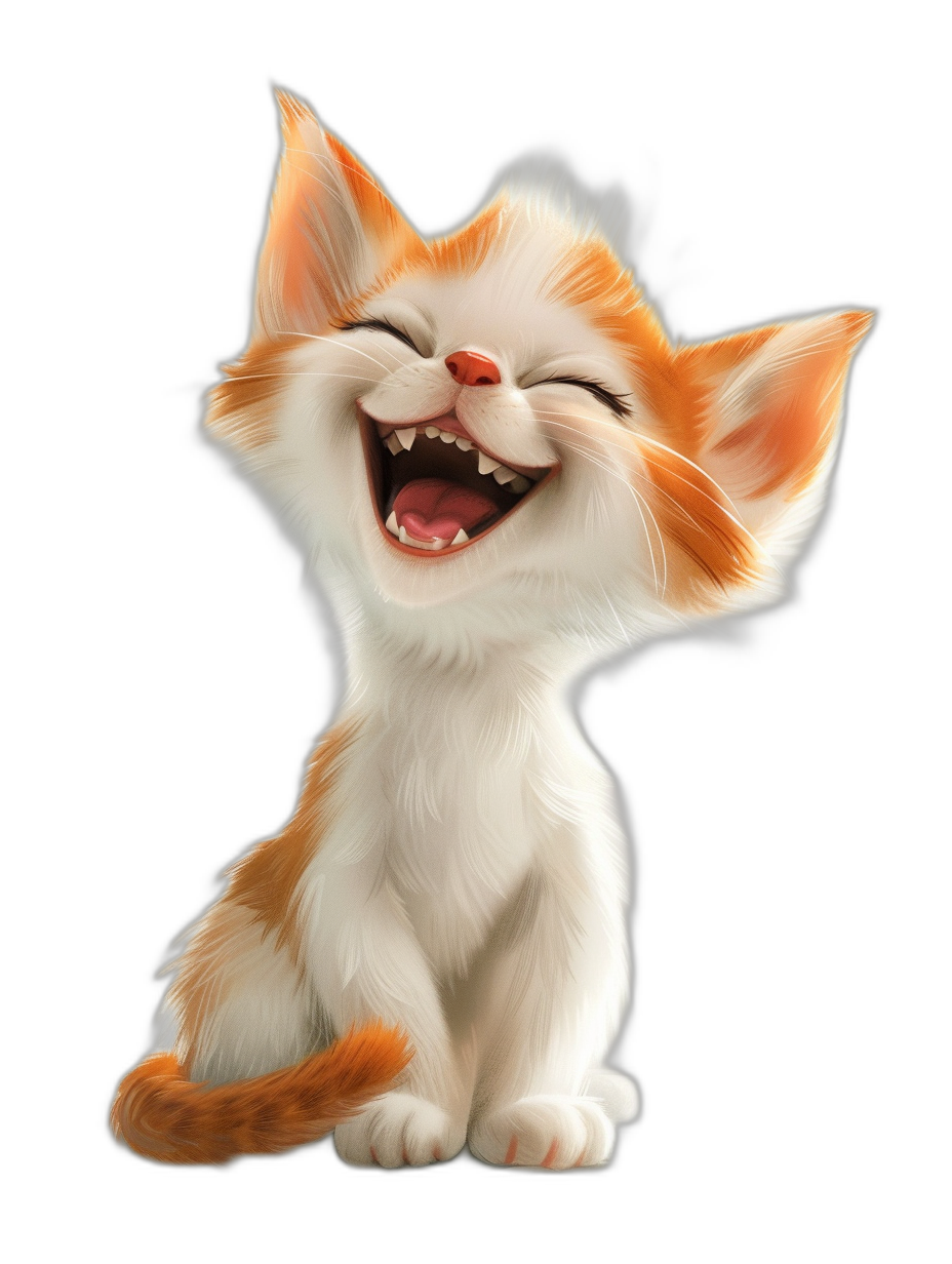 3D render of a cute, happy smiling orange and white kitten isolated on a black background, in the style of Disney Pixar, digital art, artstation, concept drawing, digital painting, concept design sheet, high resolution