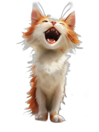 smiling cute kitten, white and orange fur, open mouth showing teeth, full body, black background, concept art in the style of Pixar studio style,