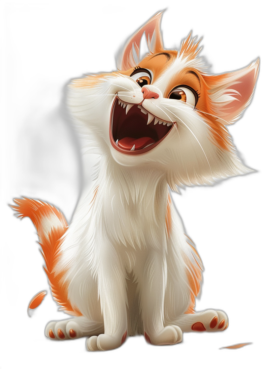 smiling cute fluffy white and orange cat, Disney style cartoon character with black background, concept art in the style of Pixar studio