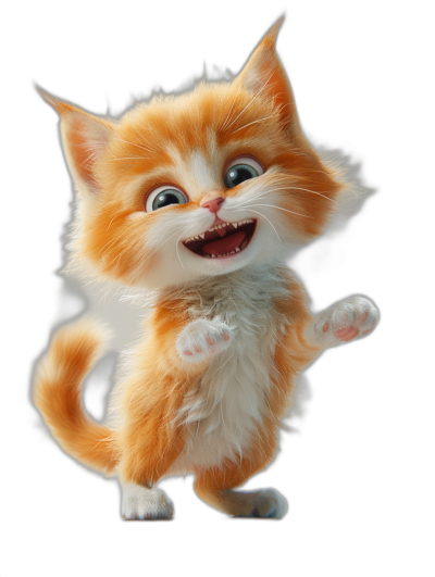 3D render of a happy smiling orange and white kitten in a full-body jumping pose on a black background, in the style of Disney Pixar.