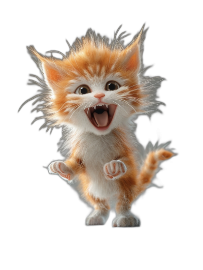 A cute happy orange and white kitten jumping up, with big eyes and mouth open wide, fluffy hair, on a black background, rendered in 3D, in the style of Pixar, in the style of Disney, in high definition.