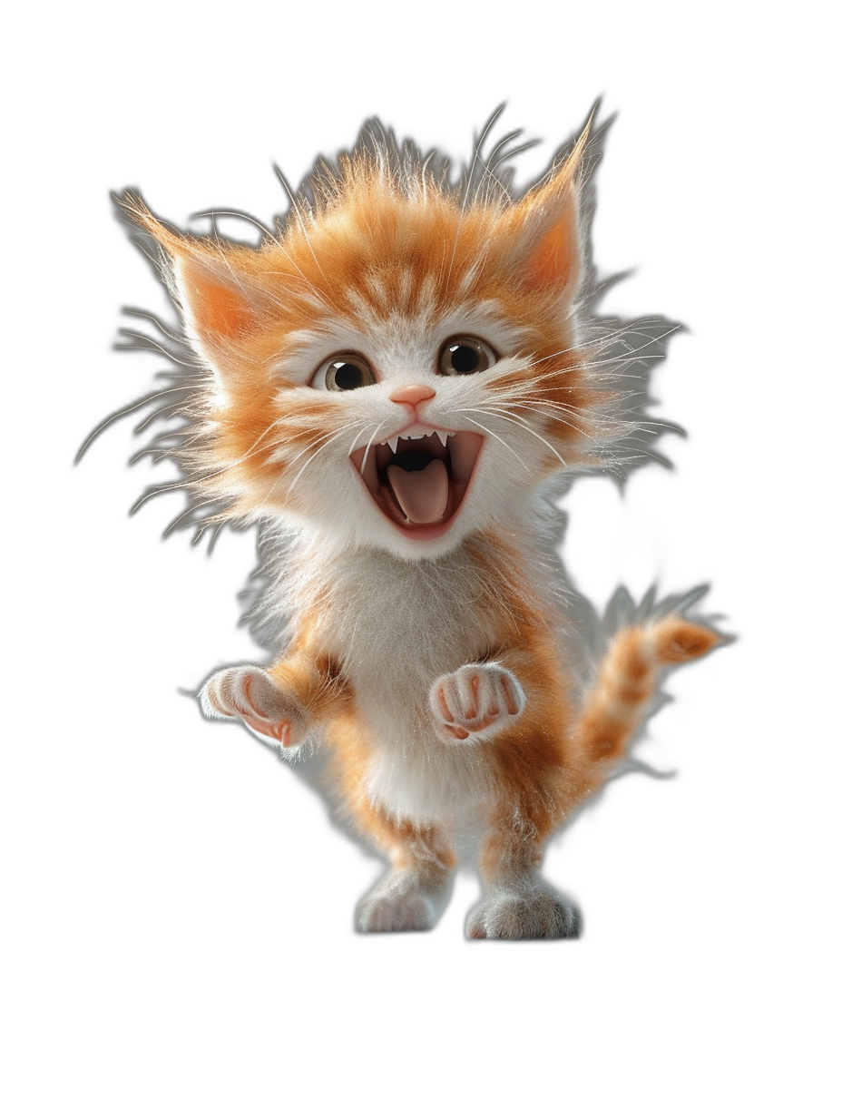 A cute happy orange and white kitten jumping up, with big eyes and mouth open wide, fluffy hair, on a black background, rendered in 3D, in the style of Pixar, in the style of Disney, in high definition.