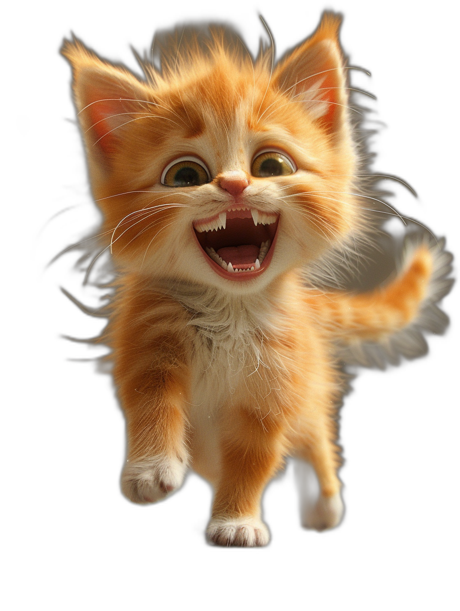 3D render of a happy cute ginger kitten jumping and smiling on a black background, with octane rendering in the style of Pixar.