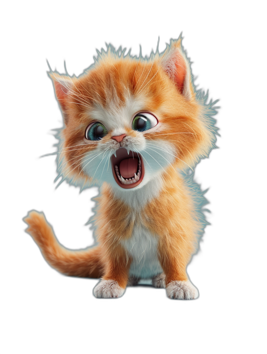 3D render of a cute happy kitten screaming in anger isolated on a black background in the style of Pixar.