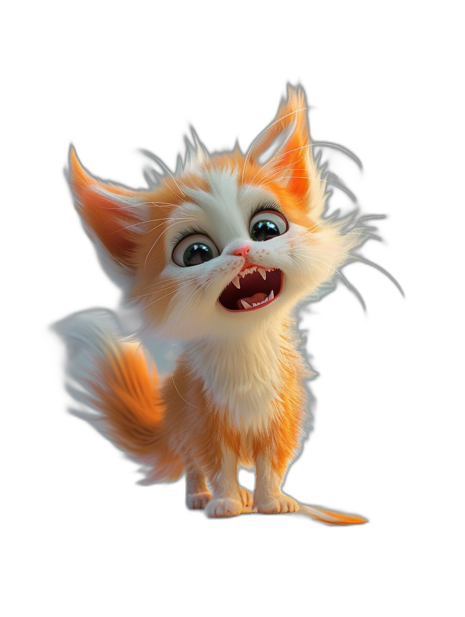 3D render of a happy cute kitten character in the style of Pixar, with white and orange fur against a black background, full body character design in the style of Pixar and Disney concept art.