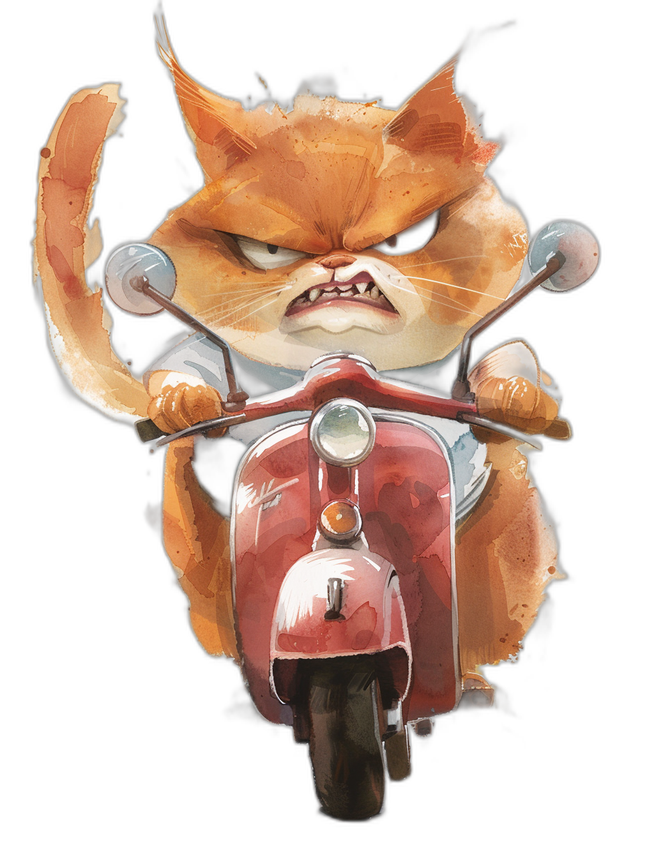 realistic digital illustration of an angry cat riding on the back of a red vespa scooter, black background, full body portrait, front view, in the style of anime