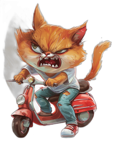 A cute orange cat, wearing blue jeans and a white T-shirt with red shoes on its feet is riding an old-fashioned Vespa scooter in the style of manga illustration. The expression has sharp teeth as if it is about to bite something. It looks very angry. Black background.