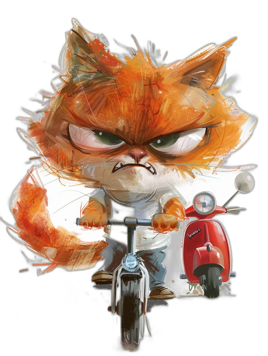 Grumpy orange cat with big eyes, wearing a white t-shirt and jeans riding on a red vespa scooter in the style of a chibi character illustration, with an angry expression, on a black background, as a full body shot, with high resolution, high details, as digital art, as a digital painting, with sketch bold brush strokes.