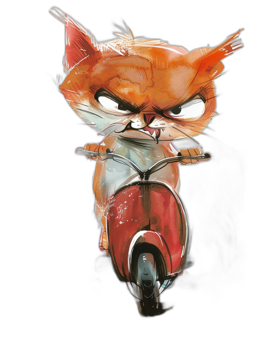 A cute cat riding on the back of a scooter in an angry mood, in the style of [Ralph Steadman](https://goo.gl/search?artist%20Ralph%20Steadman). Vector file, watercolor, black background, rough, minimalist, front view.