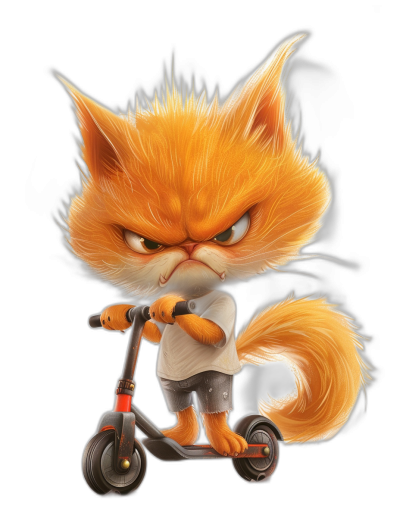 realistic orange cat wearing a white t-shirt and grey shorts, riding an electric scooter with an angry face, in the cartoon style, on a black background, with a pixar character design