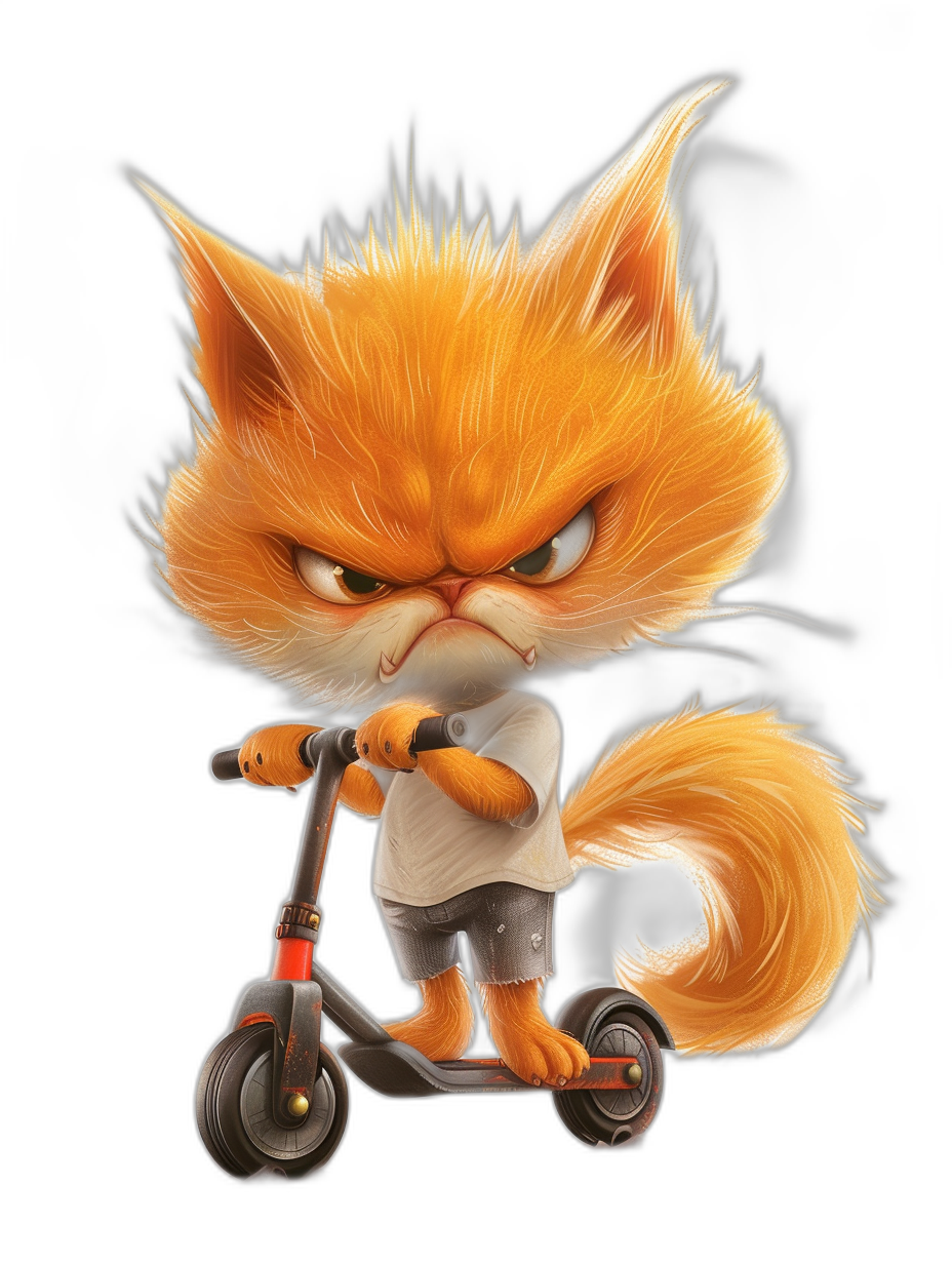 realistic orange cat wearing a white t-shirt and grey shorts, riding an electric scooter with an angry face, in the cartoon style, on a black background, with a pixar character design