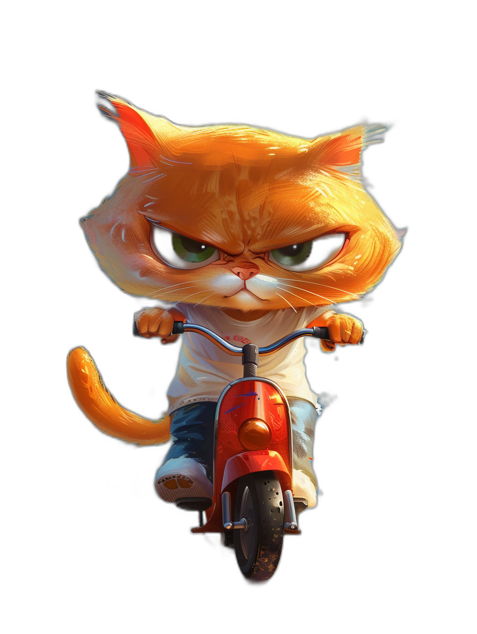 Cute cartoon orange cat, wearing a white T-shirt and jean shorts on a motorbike with big eyes and an angry expression riding a red scooter on a black background, digital art in the style of Disney Pixar studio, soft light, cute, high resolution, super detailed