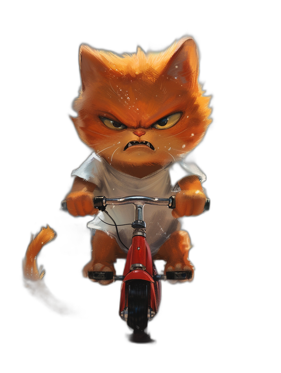 grumpy orange cat wearing a white t-shirt, riding a red bike against a black background, in the style of chibi, as a cartoon character, rendered in the style of Pixar with a soft color profile and high quality.