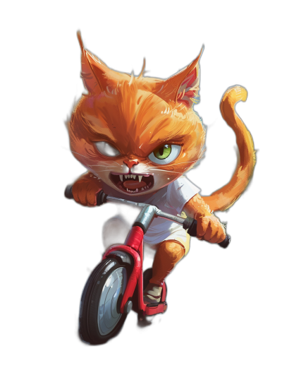 character design of an orange cat riding on a tricycle, with a cute yet angry expression, wearing a white T-shirt with red accents on a black background, in a cartoon style, digital art in the style of [Artgerm](https://goo.gl/search?artist%20Artgerm), from artstation, detailed and high quality