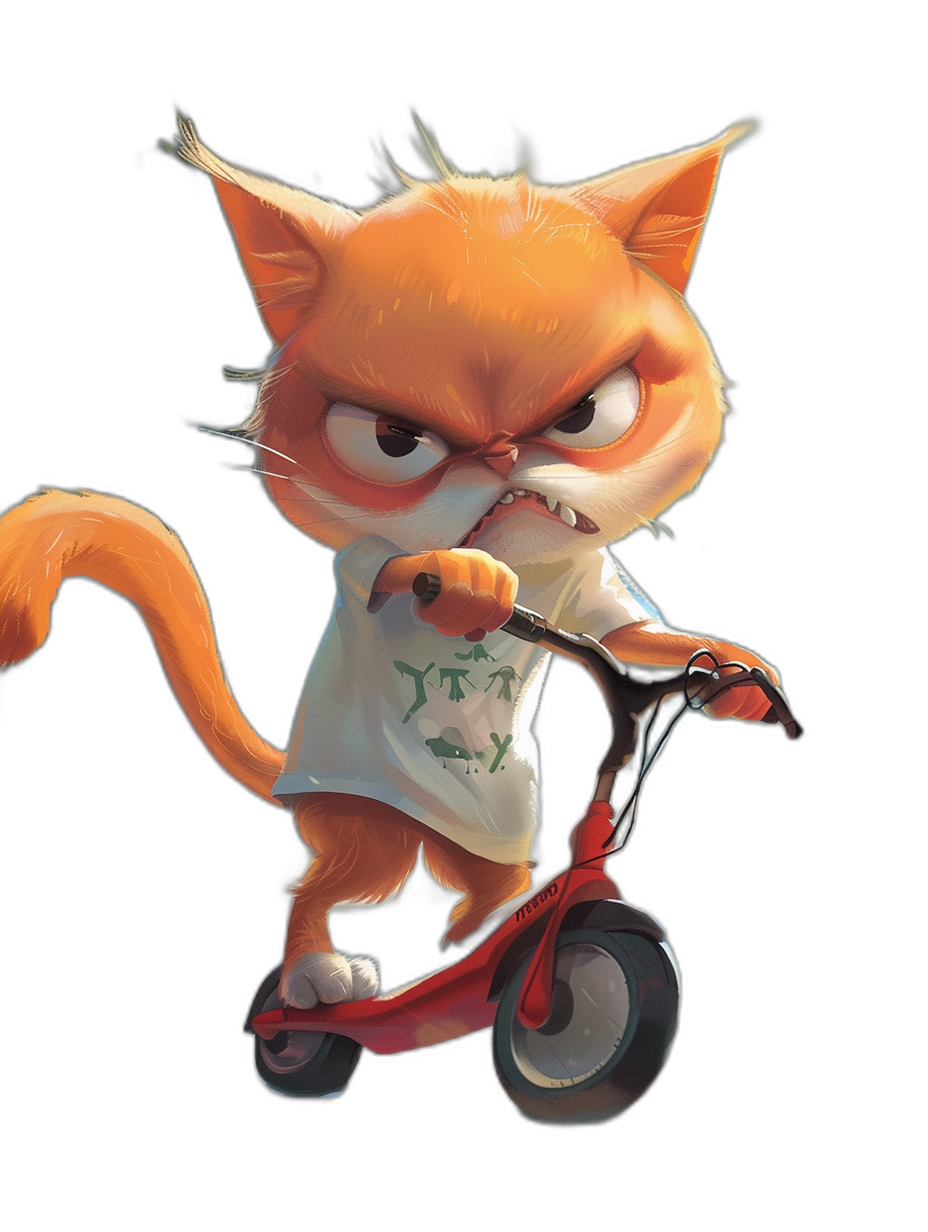 grumpy orange cat with an angry face wearing a white t-shirt riding a red scooter, in the style of Disney Pixar, black background, cute character design, character concept art