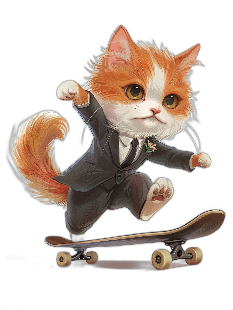 Cute cat in a suit skateboarding against a black background in the style of a cartoon, high resolution