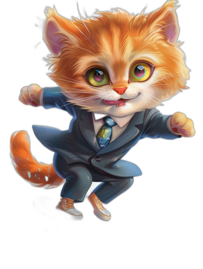 A cute orange cat in a suit, with green eyes and a pink tail, is jumping up against a black background in the cartoon style of a chibi character design. It has a big head, colorful eyes, and is wearing colorful  and shoes with a smiling face. The image is of high quality and details with the best resolution and render.