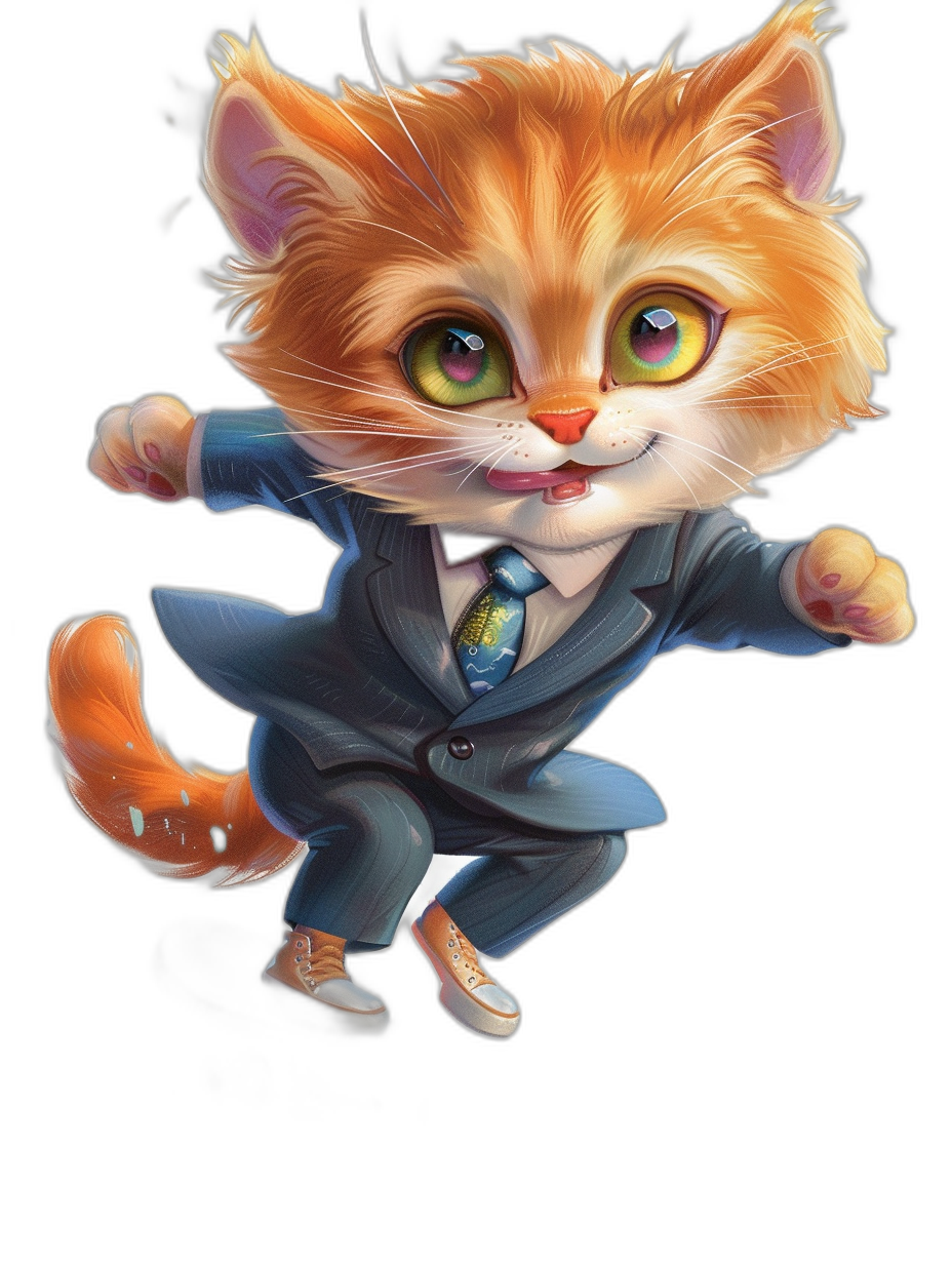 A cute orange cat in a suit, with green eyes and a pink tail, is jumping up against a black background in the cartoon style of a chibi character design. It has a big head, colorful eyes, and is wearing colorful  and shoes with a smiling face. The image is of high quality and details with the best resolution and render.