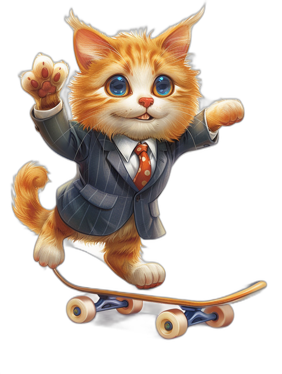 Cute cartoon orange cat in suit and tie riding on skateboard, blue eyes, black background, digital art style