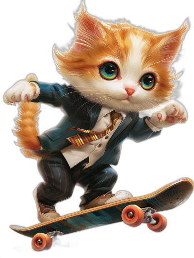 digital art of cute kitten , wear suit and tie, riding on skateboard , black background, big eyes , lovely and funny