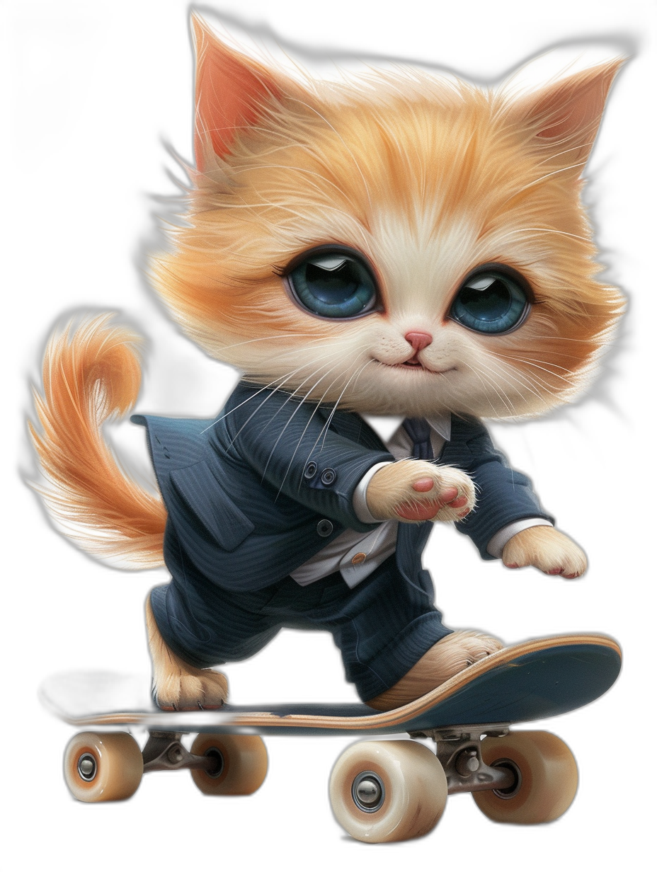 digital art of a cute kitten, wearing a suit and shirt, skating on a skateboard against a black background, with big blue eyes.