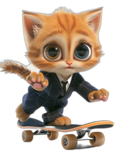 A cute ginger cat in a suit riding on a skateboard, with big eyes, in the style of cartoon style, in the style of Disney Pixar character design, on a black background, in the style of 3D animation, high resolution