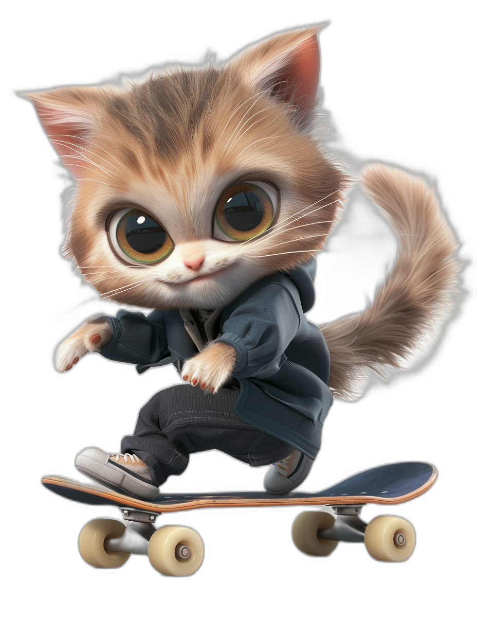 A cute little cat in sportswear is riding on the skateboard in the style of a cartoon, with a black background, rendered in 3D, with cute and lively movements, big eyes, furry texture, wearing dark blue pants and gray shoes, tail raised high, with a cool color tone, wearing a black suit jacket with a hoodie underneath.