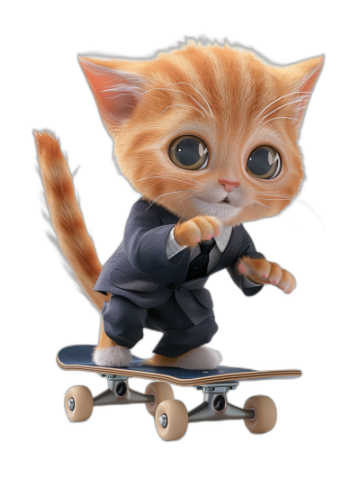 A cute orange cat in a suit is riding on a skateboard, with big eyes, in the style of smooth and shiny, on a black background, a full body shot with its tail up, with cartoonish cuteness, in a 3D Pixar animation style, wearing business  and black shoes, with high definition details, of best quality.