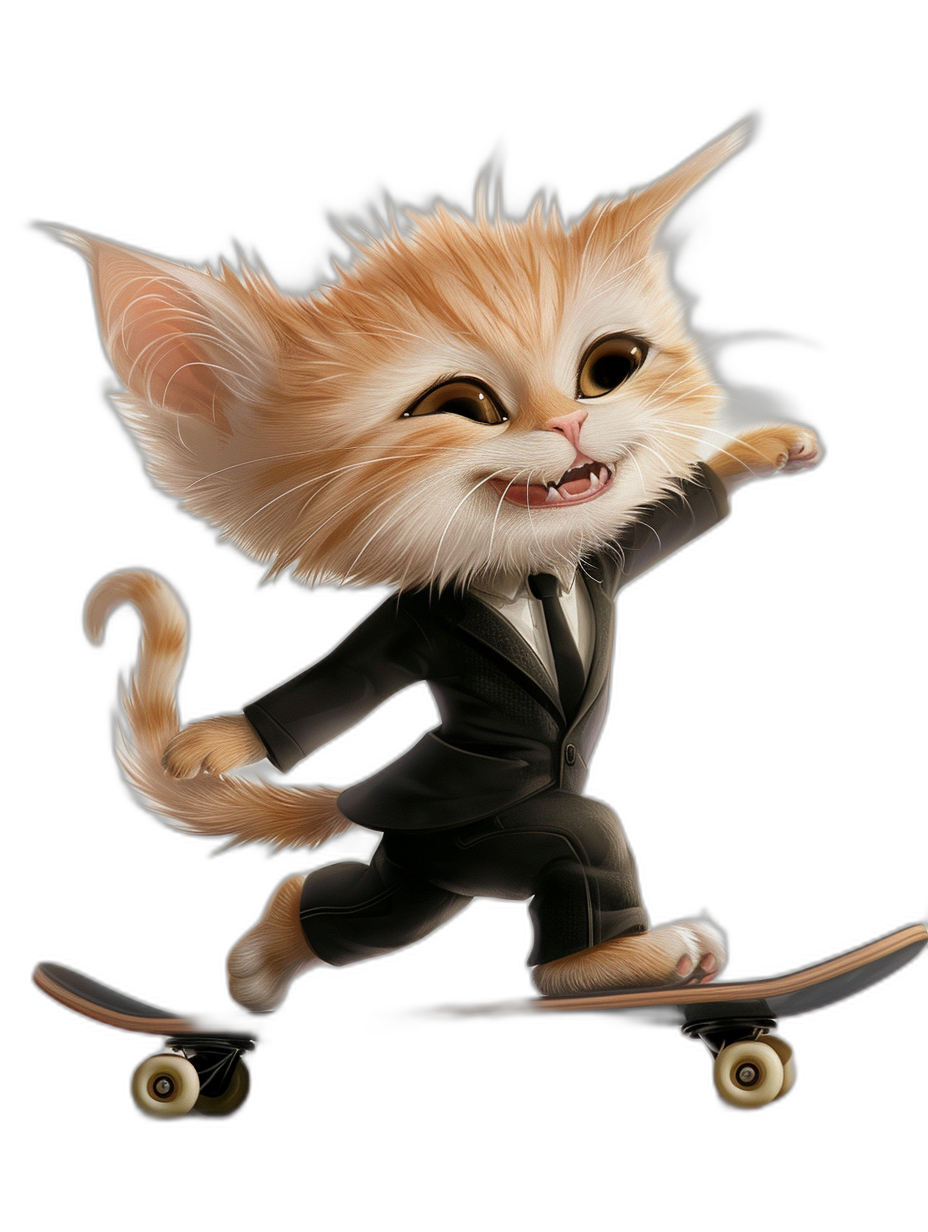 digital art of cute kitten , wear suit, skating on skateboard, black background, happy and funny