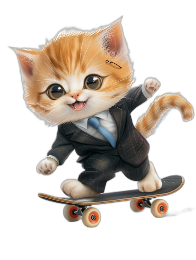 digital art of cute kitten , wear suit and tie, skating on skateboard black background