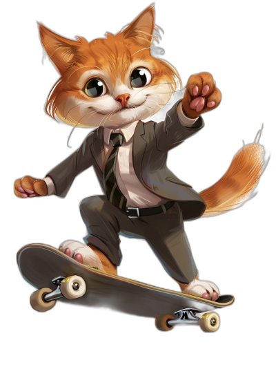 Illustration of a cute ginger cat in a suit and tie riding on a skateboard in the style of a cartoon against a black background in a 2D art style.