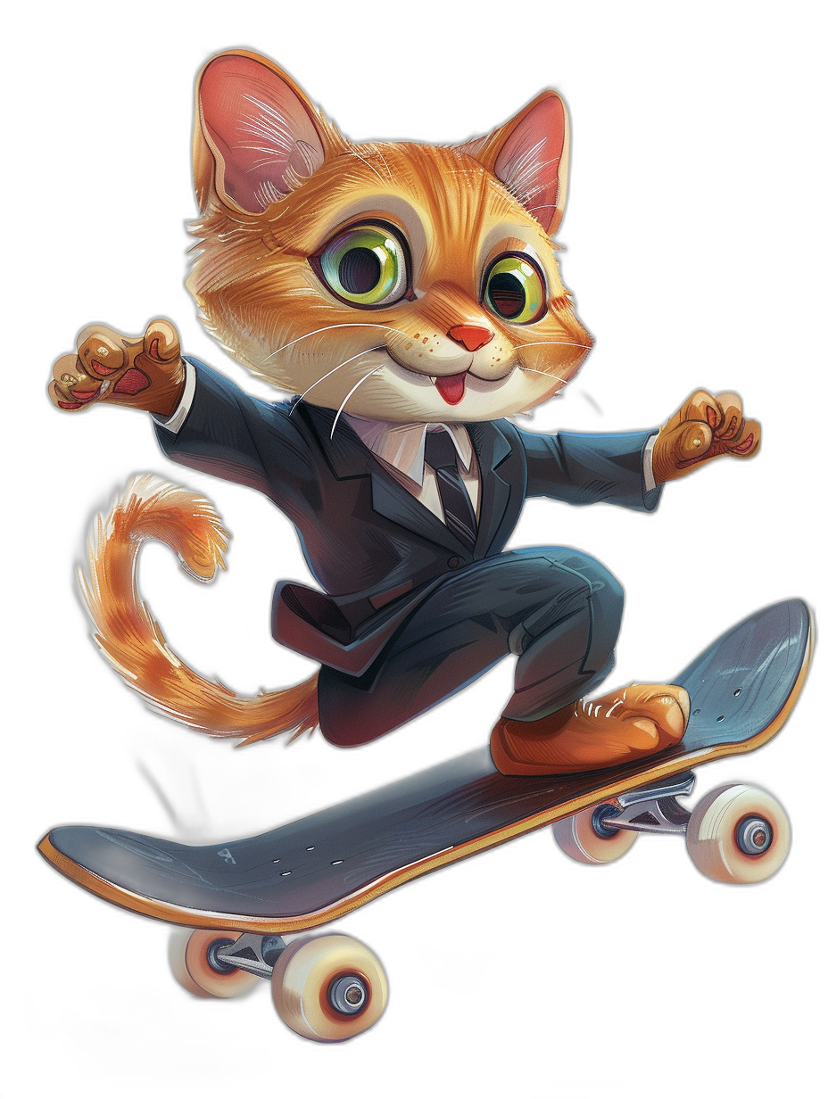 A cute orange cat in a suit is skateboarding in the style of cartoon style against a black background with colorful cartoon characters in the style of Disney Pixar animation character design.