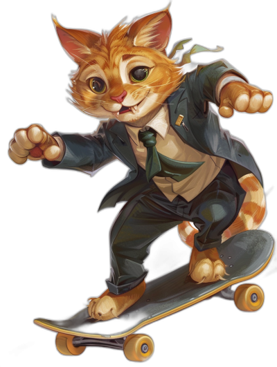 A ginger cat in a suit and tie, riding on a skateboard with a black background, in a cute cartoon style with detailed character illustrations showing a full body shot in the style of [Natalia Rak](https://goo.gl/search?artist%20Natalia%20Rak) from Pixiv and ArtStation.