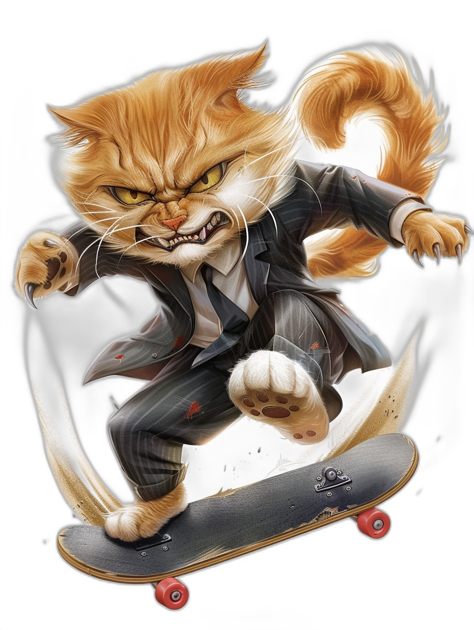 A cartoon illustration of an angry ginger cat in a suit, riding on a skateboard, vector art, bold lines, black background, high contrast, in the style of hyper realistic art, in the style of hyper detailed art, high resolution, digital airbrushing technique, graffiti style.