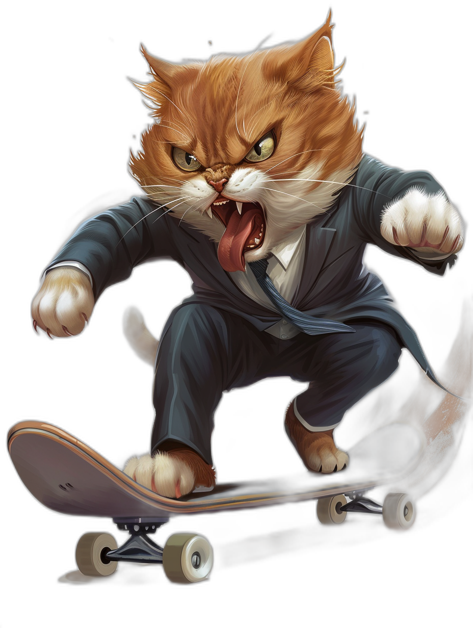 realistic digital illustration of an angry ginger cat in business suit, tongue out and riding on skateboard, black background, full body portrait,