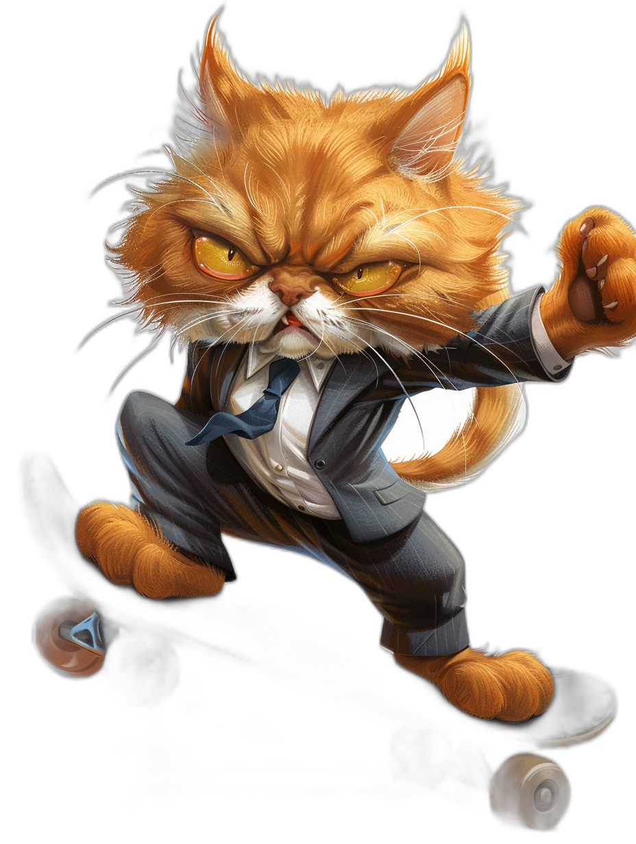 A grumpy ginger cat in a suit and tie, riding on a skateboard, in a cartoon style, on a black background, digital art in the style of [Artgerm](https://goo.gl/search?artist%20Artgerm), [Krenz Cushart](https://goo.gl/search?artist%20Krenz%20Cushart), J Scott Campbell, and Daniel Spaestheticism.