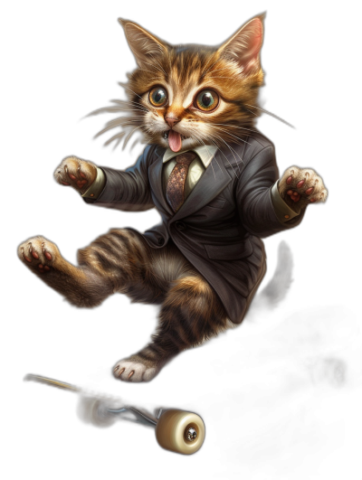 realistic digital illustration of cute cat wearing suit and tie, doing kickflip on skateboard, black background,