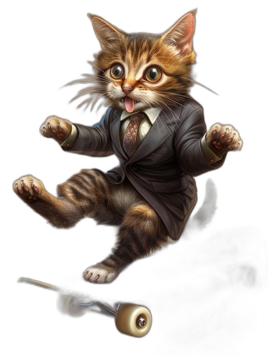 realistic digital illustration of cute cat wearing suit and tie, doing kickflip on skateboard, black background,