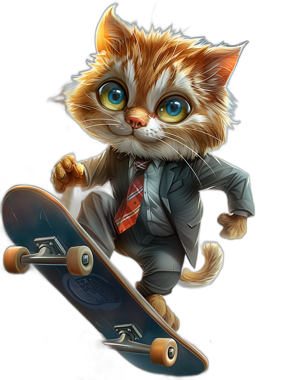 digital art of cute kitten , wear suit and tie, riding skateboard, black background, big blue eyes