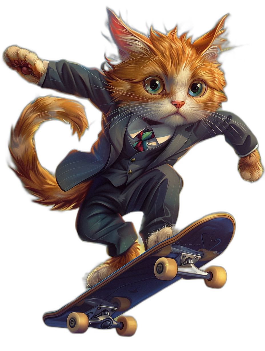 Cute cat wearing suit and tie, riding skateboard on black background, in the style of [Tiago Hoisel](https://goo.gl/search?artist%20Tiago%20Hoisel), caricature-like, playful caricatures, high resolution