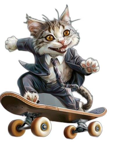 Funny happy cat in a suit and tie riding on a skateboard, vector illustration in the style of [Artgerm](https://goo.gl/search?artist%20Artgerm), full body shot, t-shirt design, solid black background, hyper detailed, masterpiece