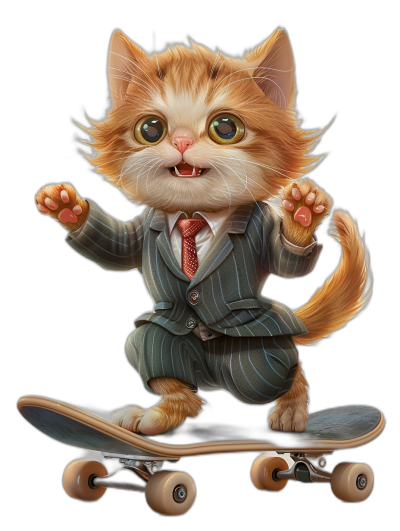 digital art of cute kitten , wear suits and tie, riding skateboard, black background, big eyes, lovely cat, happy smile, high quality details